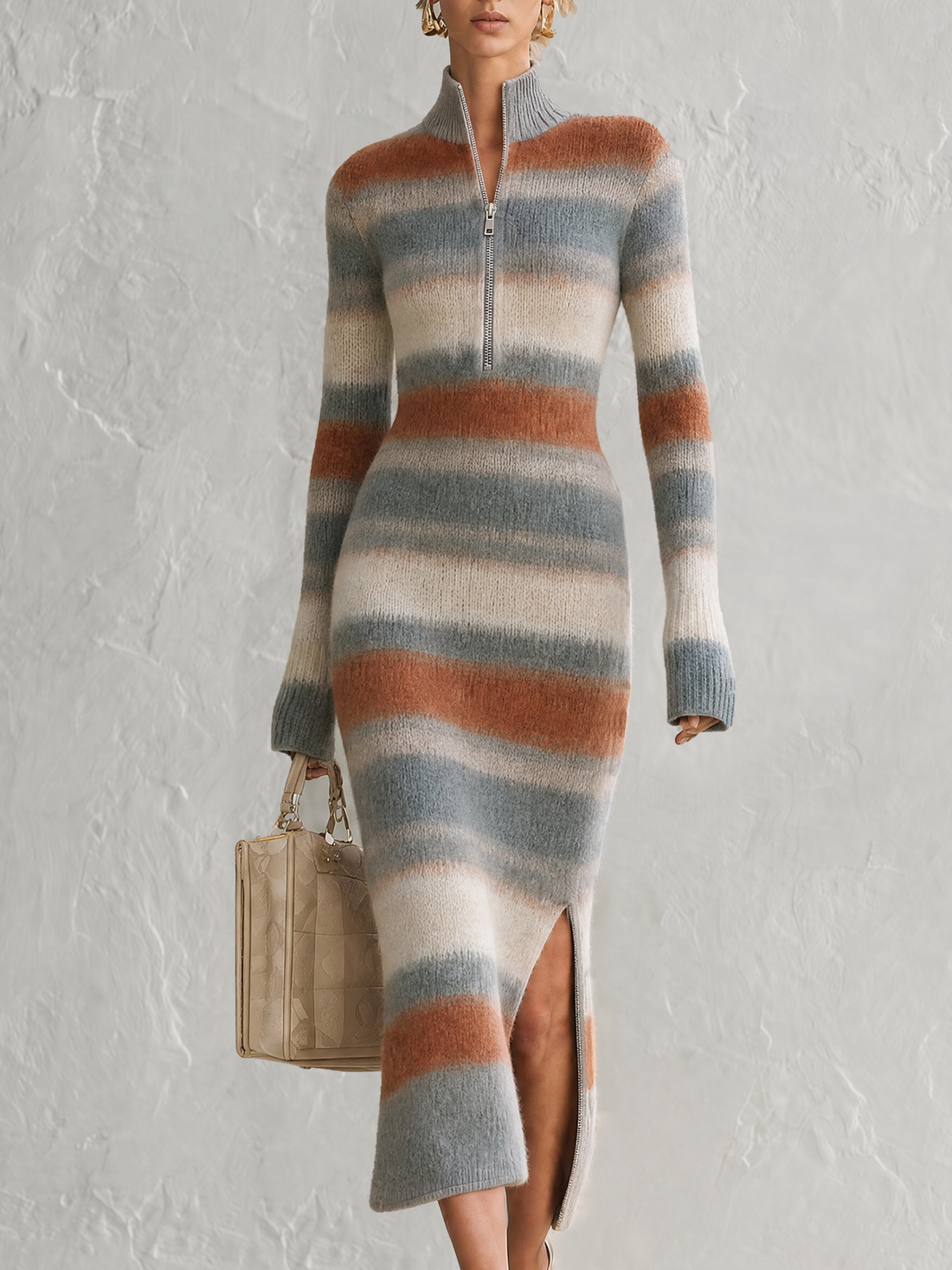 Retro-casual Elegant Stand-collar Horizontal-stripe Knit Dress