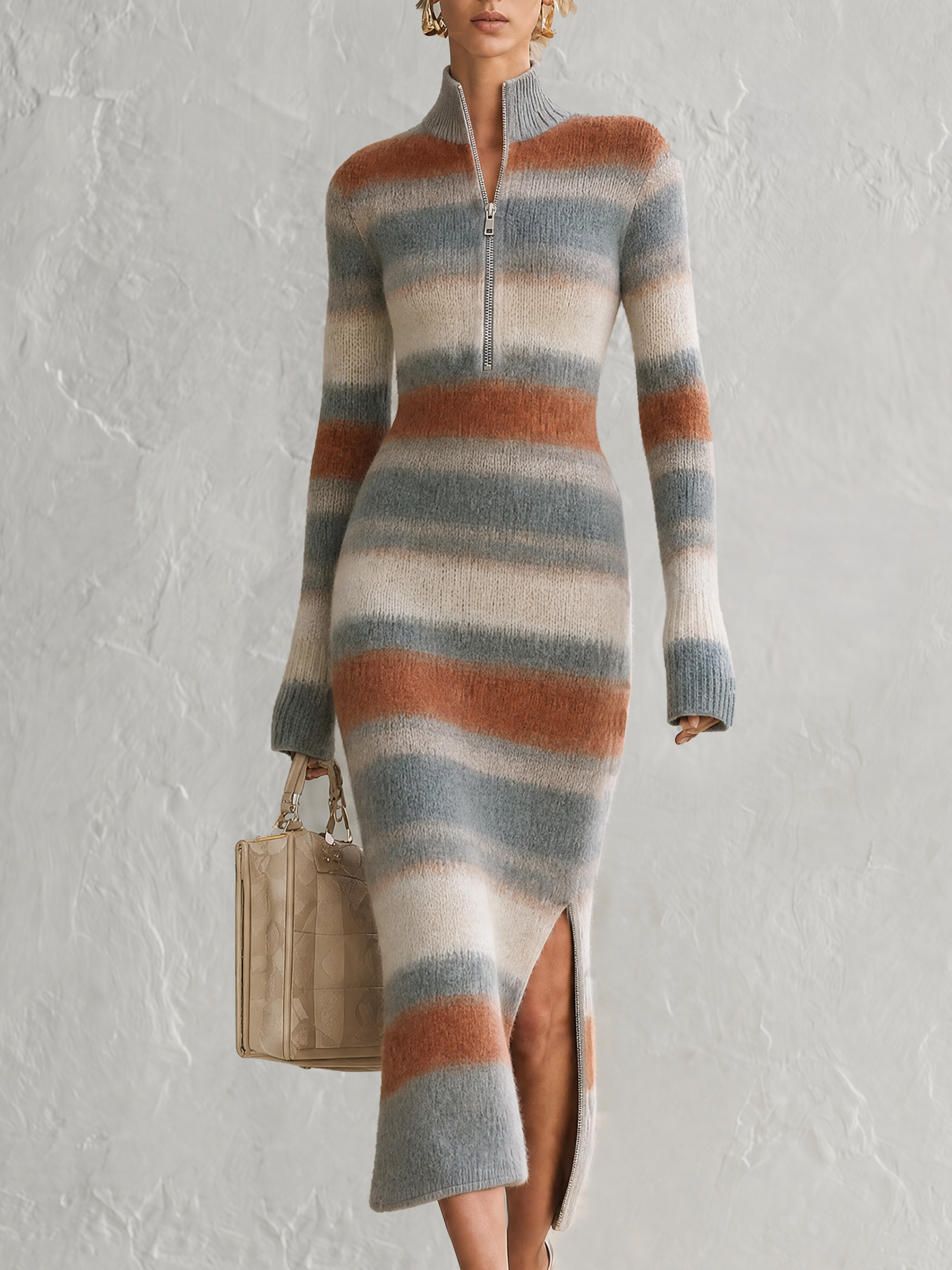 Retro-casual Elegant Stand-collar Horizontal-stripe Knit Dress