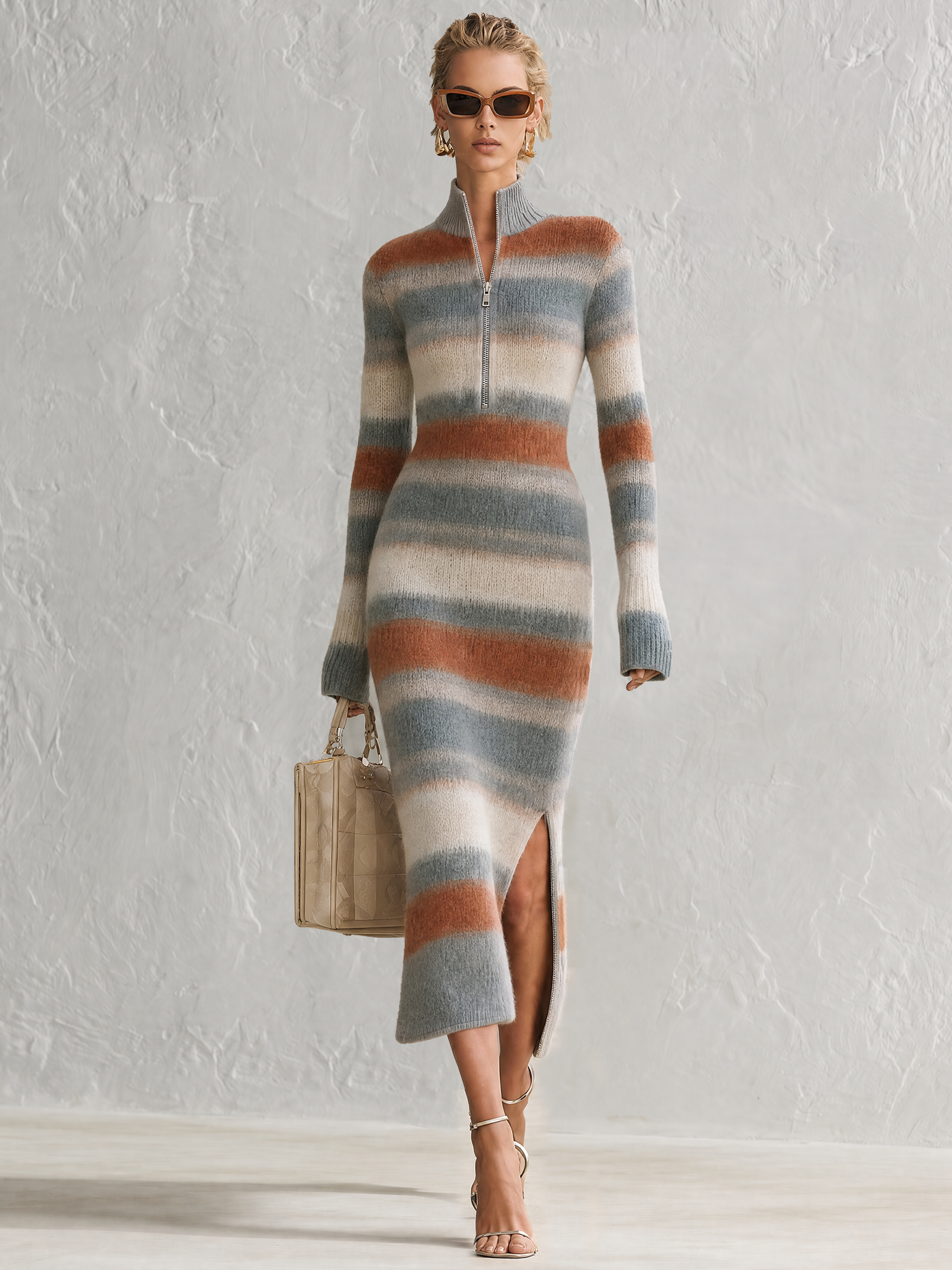 Retro-casual Elegant Stand-collar Horizontal-stripe Knit Dress
