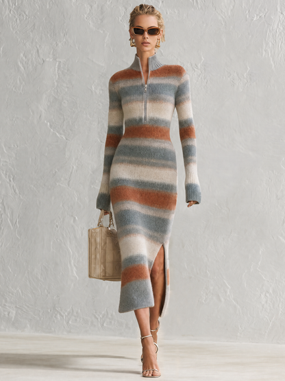 Retro-casual Elegant Stand-collar Horizontal-stripe Knit Dress