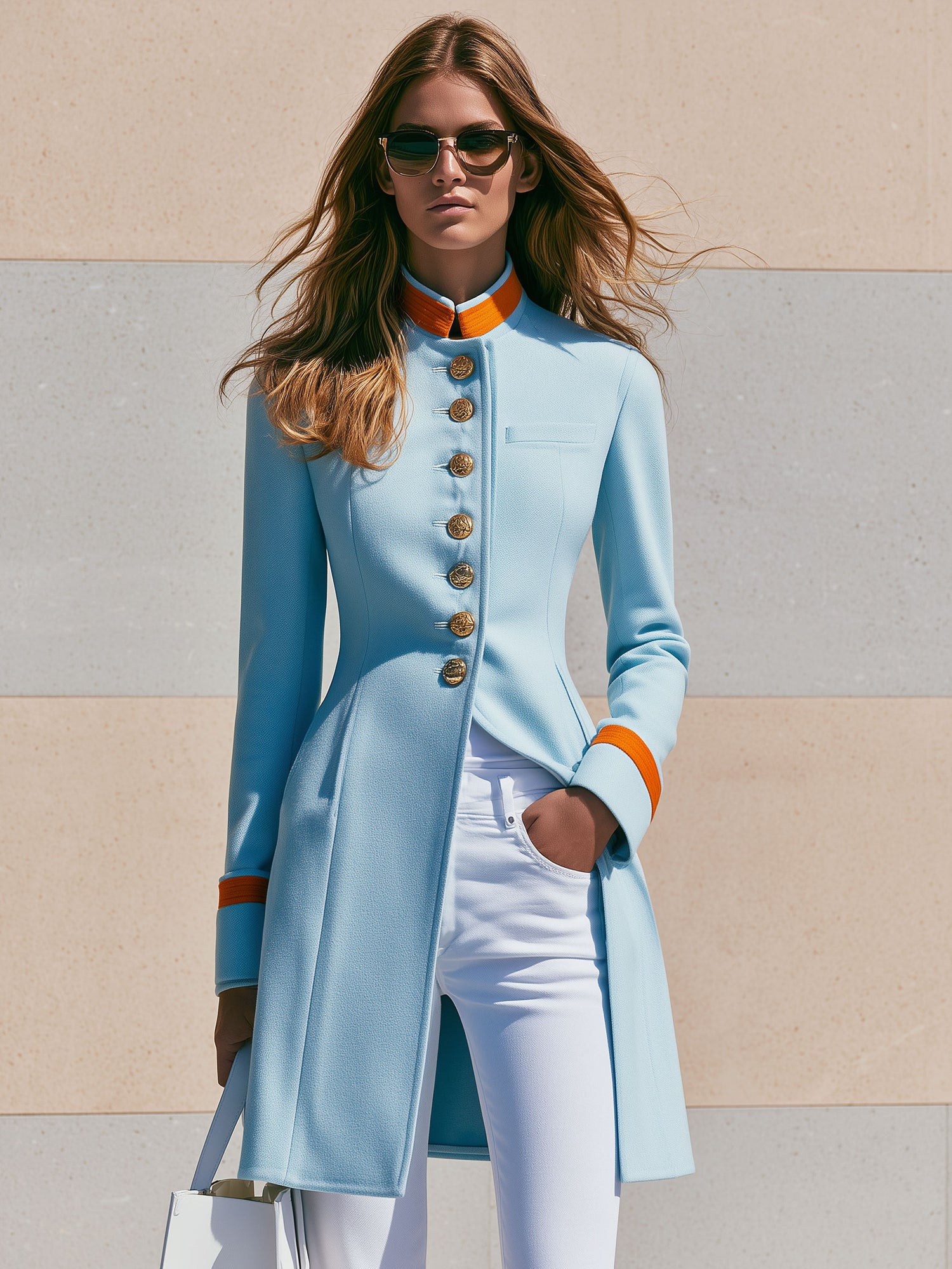 Stylish Retro Orange-and-light Blue Mid-length Coat