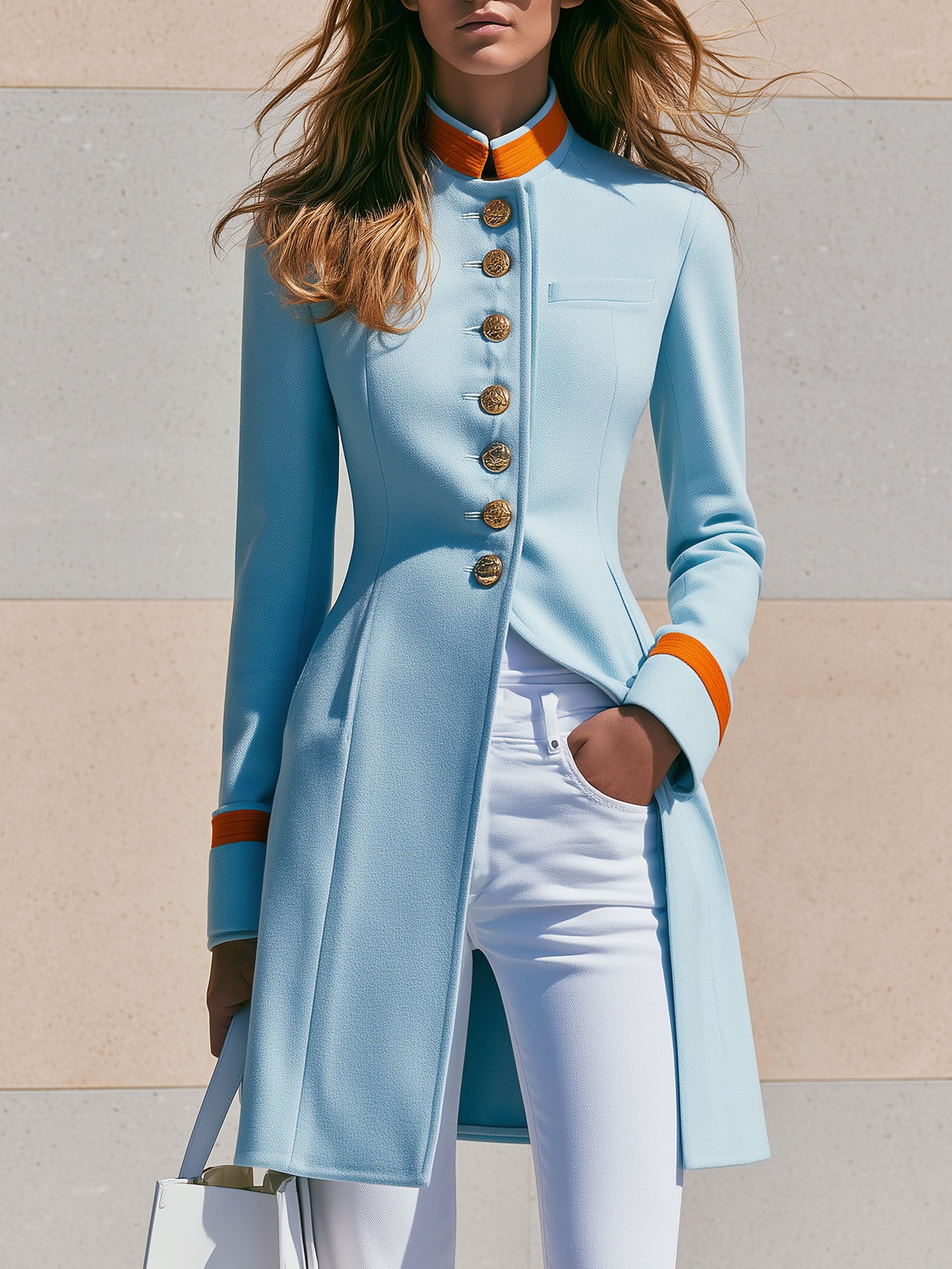 Stylish Retro Orange-and-light Blue Mid-length Coat