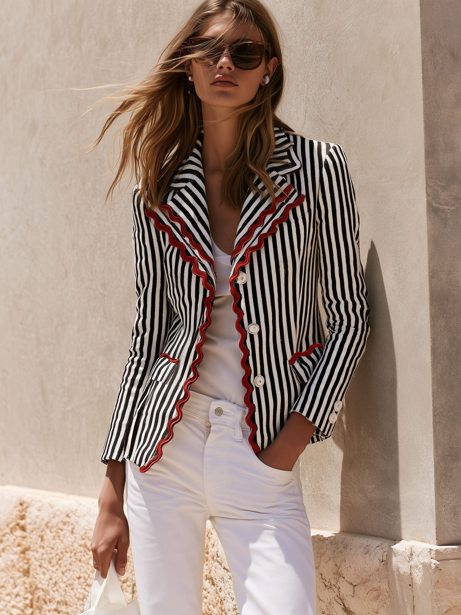 Fashionable Retro Wavy Black And White Striped Blazer