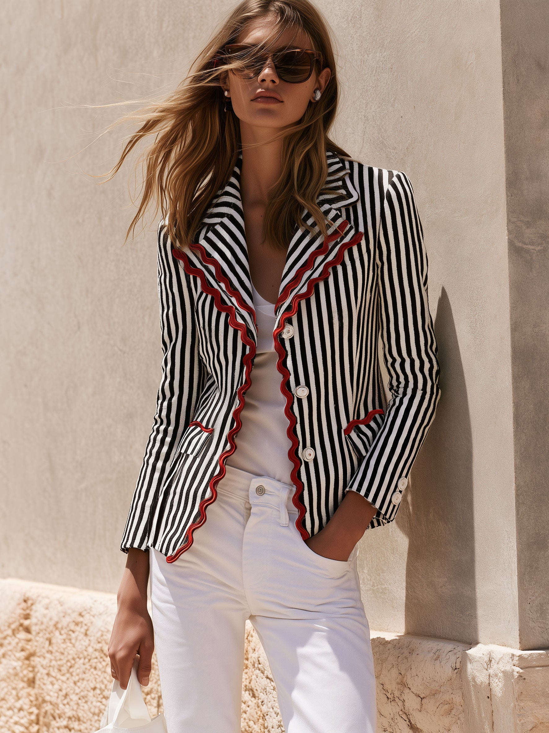 Fashionable Retro Wavy Black And White Striped Blazer