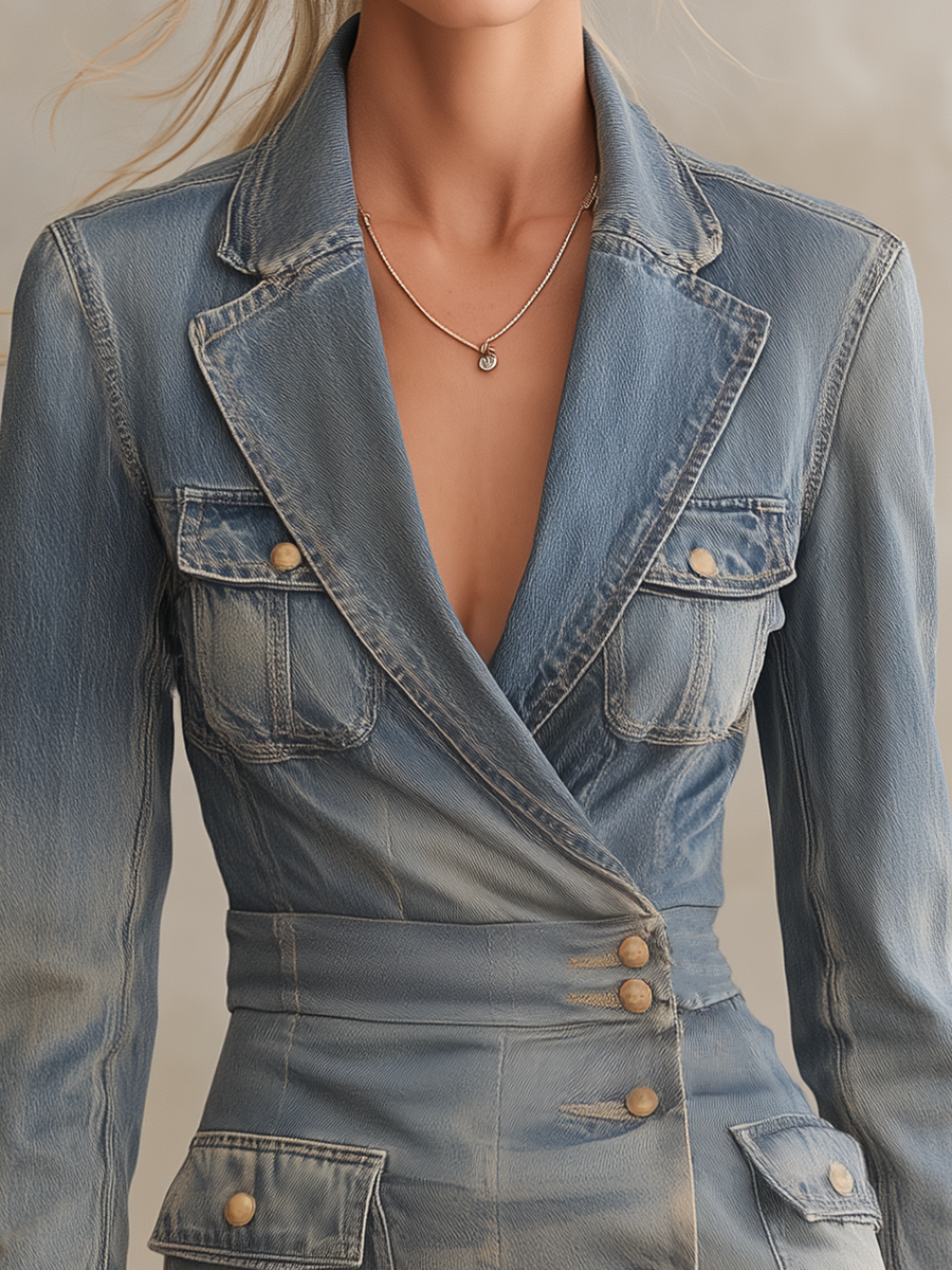 Light Blue Denim Blazer Dress Women Western Button-Front Long Sleeve Mini Dress