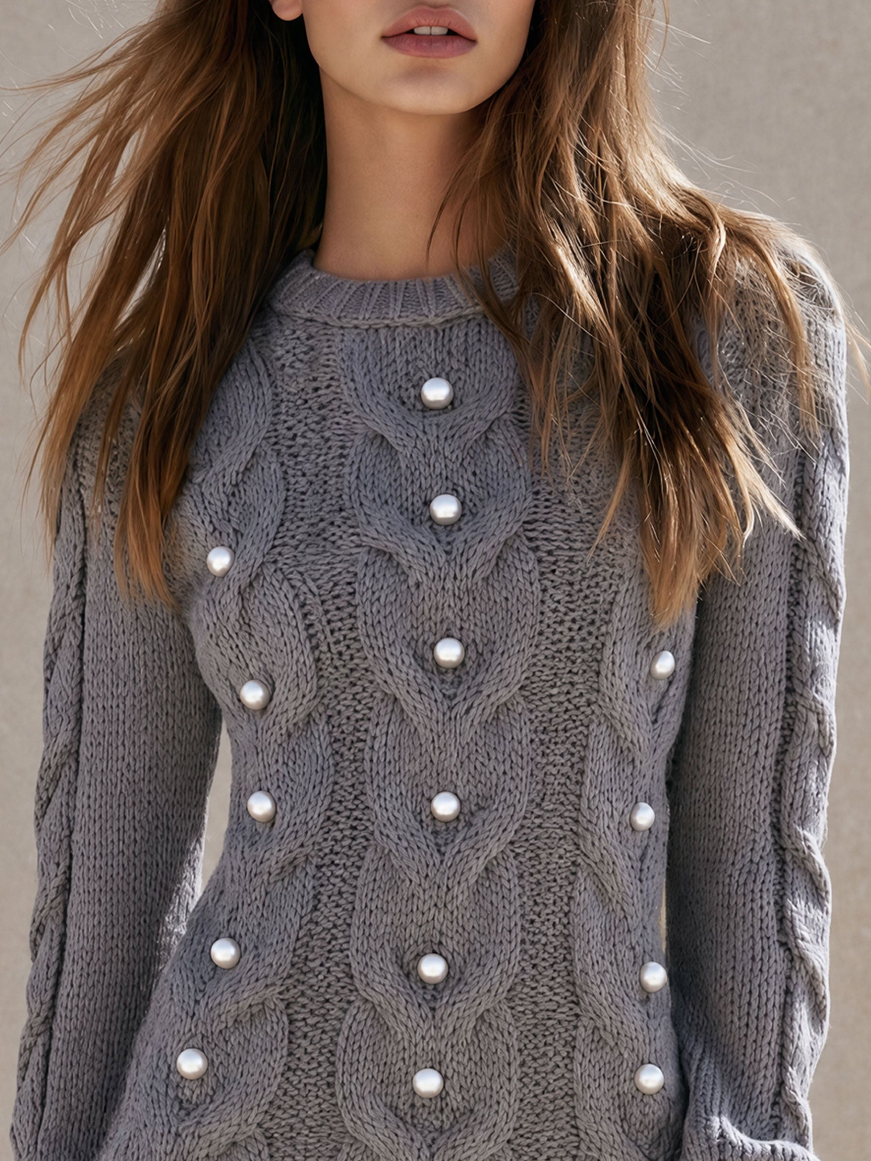 Fashionable Retro Round Neck Pearl Gray Cable Knit Mini Dress