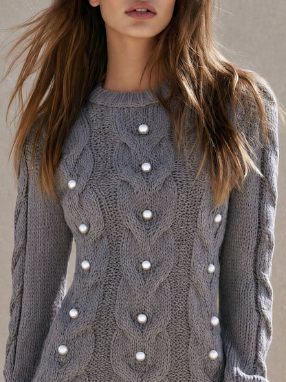 Fashionable Retro Round Neck Pearl Gray Cable Knit Mini Dress