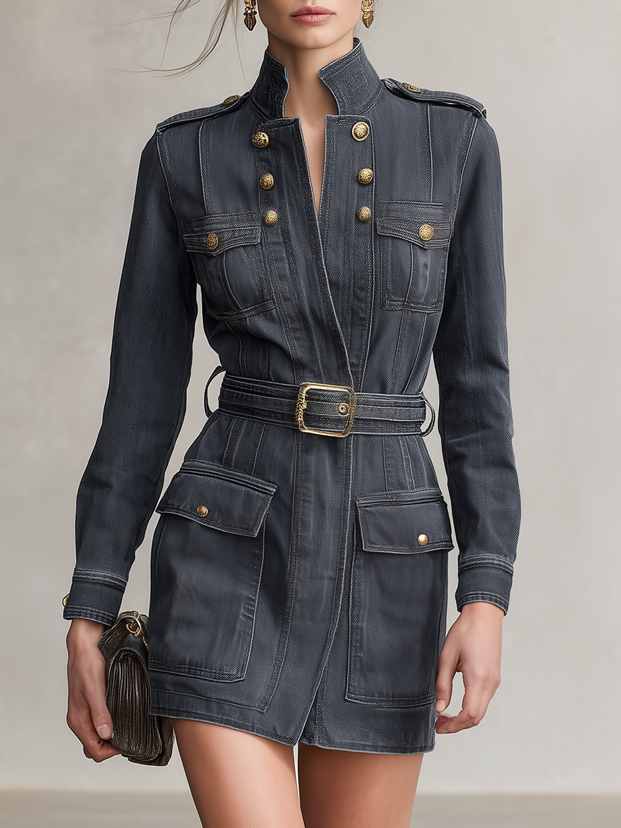 Grey Denim Military Dress Women Belted Stand Collar Long Sleeve Mini Dress