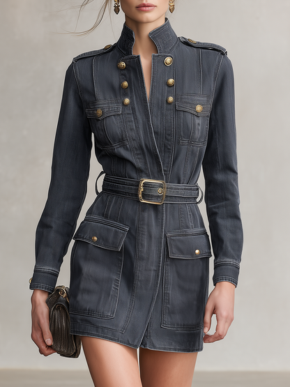Grey Denim Military Dress Women Belted Stand Collar Long Sleeve Mini Dress