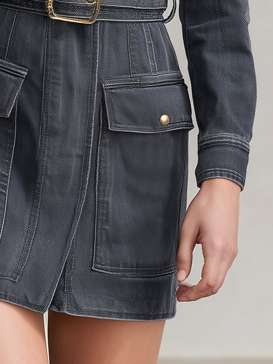Grey Denim Military Dress Women Belted Stand Collar Long Sleeve Mini Dress