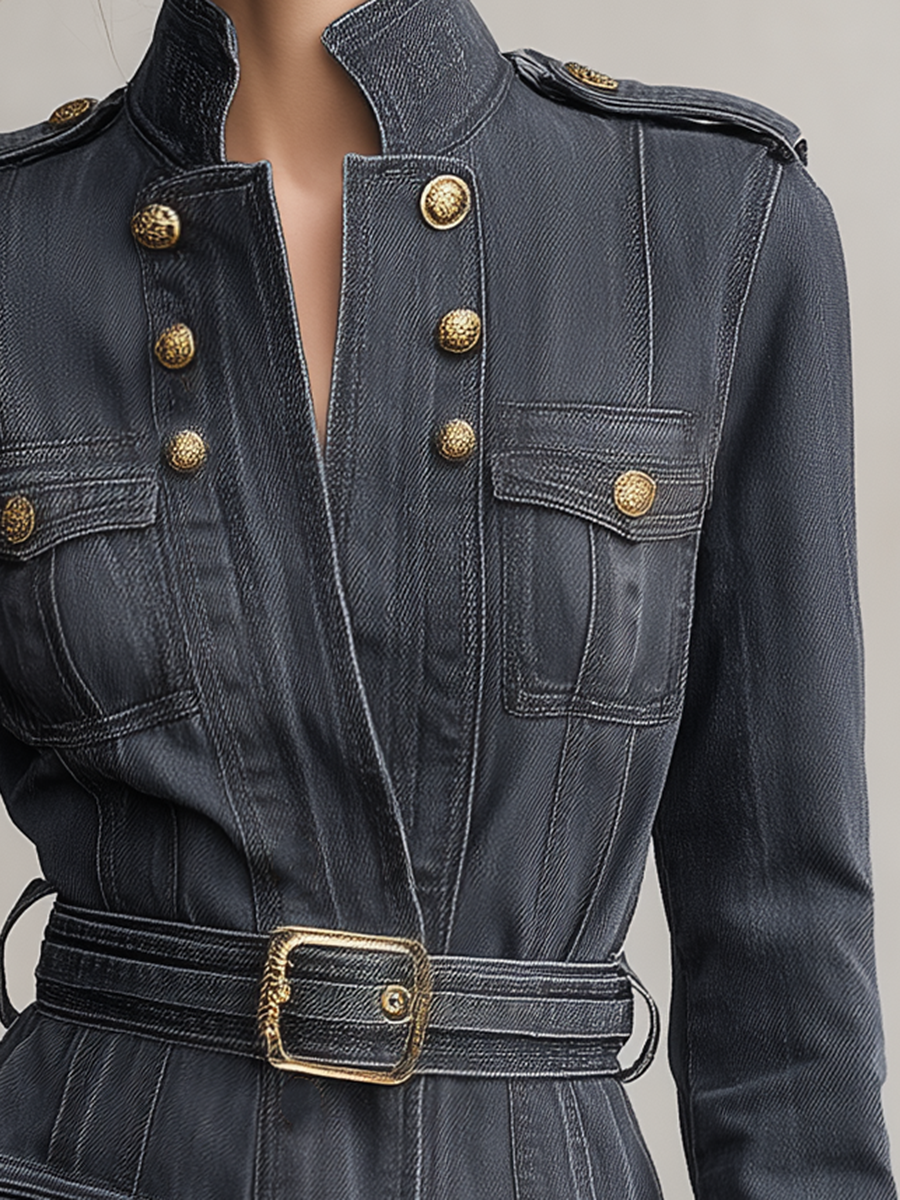 Grey Denim Military Dress Women Belted Stand Collar Long Sleeve Mini Dress