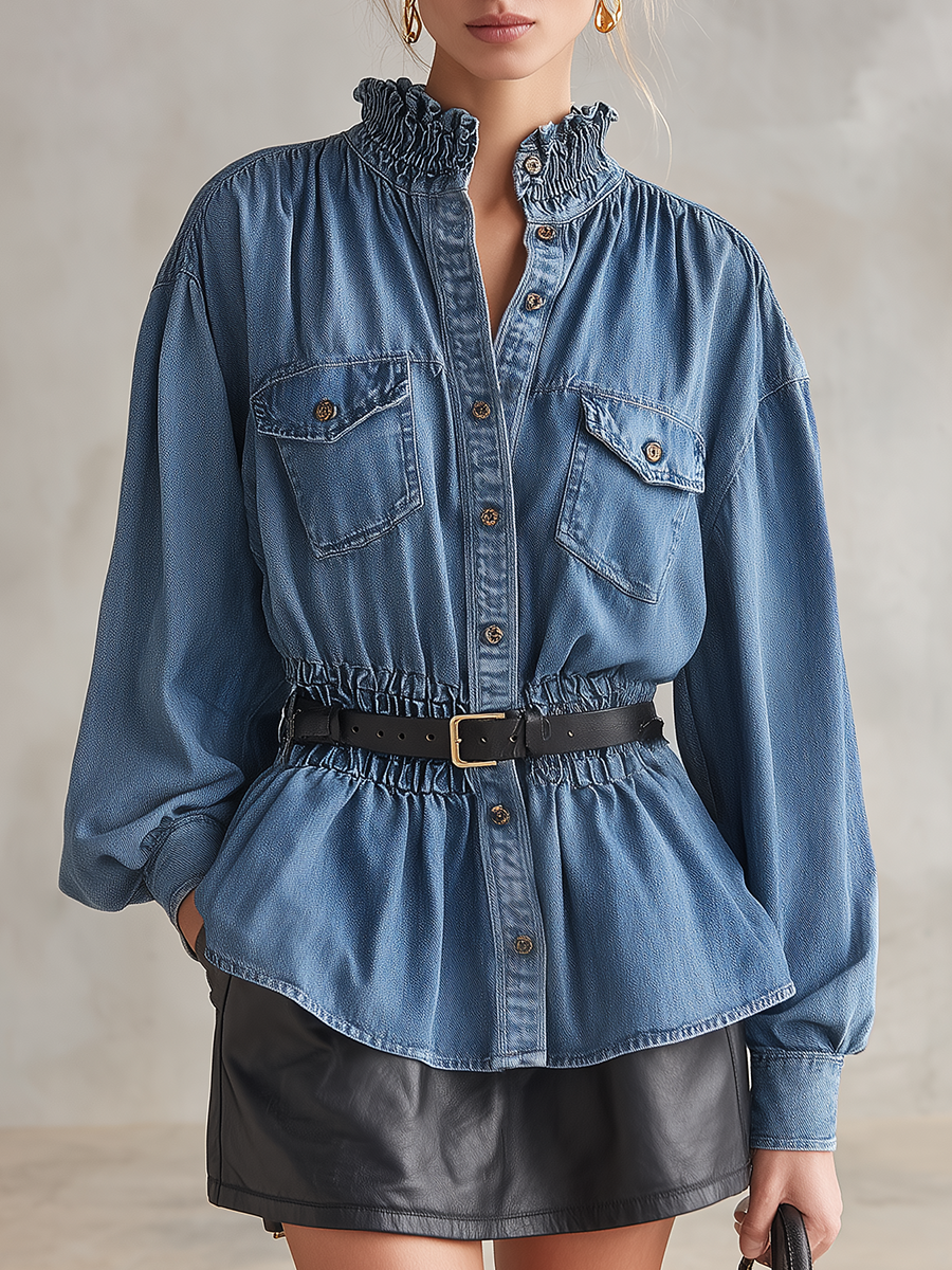 Blue Denim Peplum Shirt Women Ruffle Collar Puff Sleeve Belted Blouse