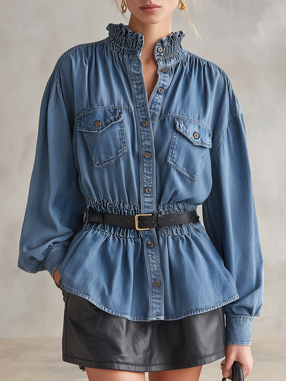Blue Denim Peplum Shirt Women Ruffle Collar Puff Sleeve Belted Blouse