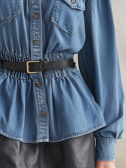 Blue Denim Peplum Shirt Women Ruffle Collar Puff Sleeve Belted Blouse