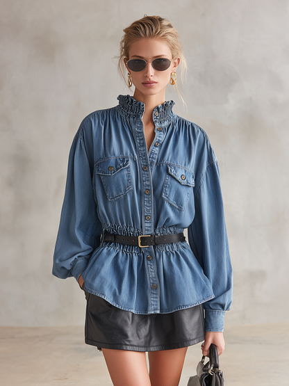 Blue Denim Peplum Shirt Women Ruffle Collar Puff Sleeve Belted Blouse