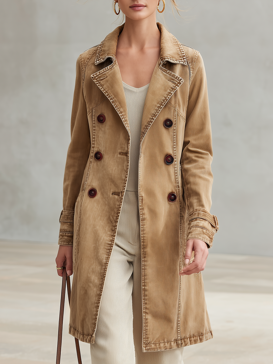Khaki Washed Denim Trench Coat Women Double-Breasted Belted Long Overcoat
