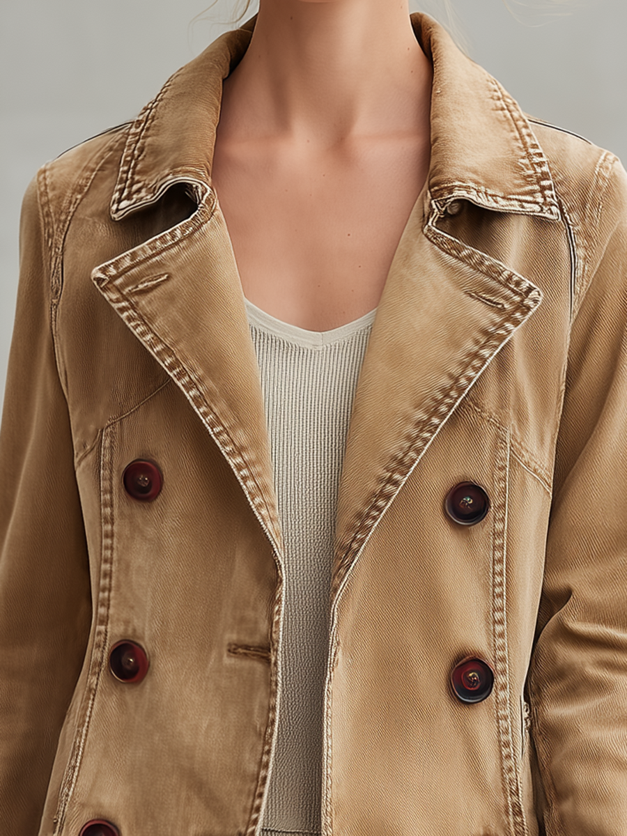Khaki Washed Denim Trench Coat Women Double-Breasted Belted Long Overcoat