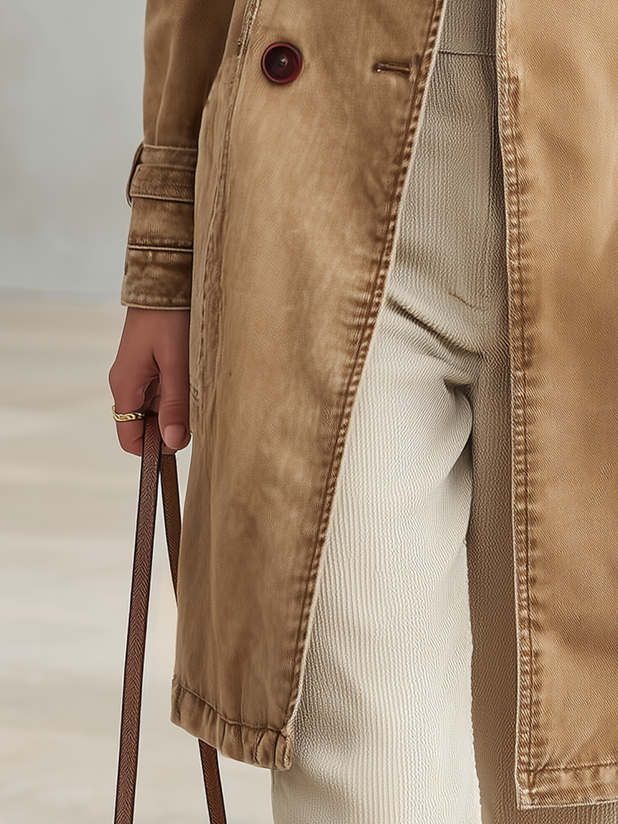 Khaki Washed Denim Trench Coat Women Double-Breasted Belted Long Overcoat