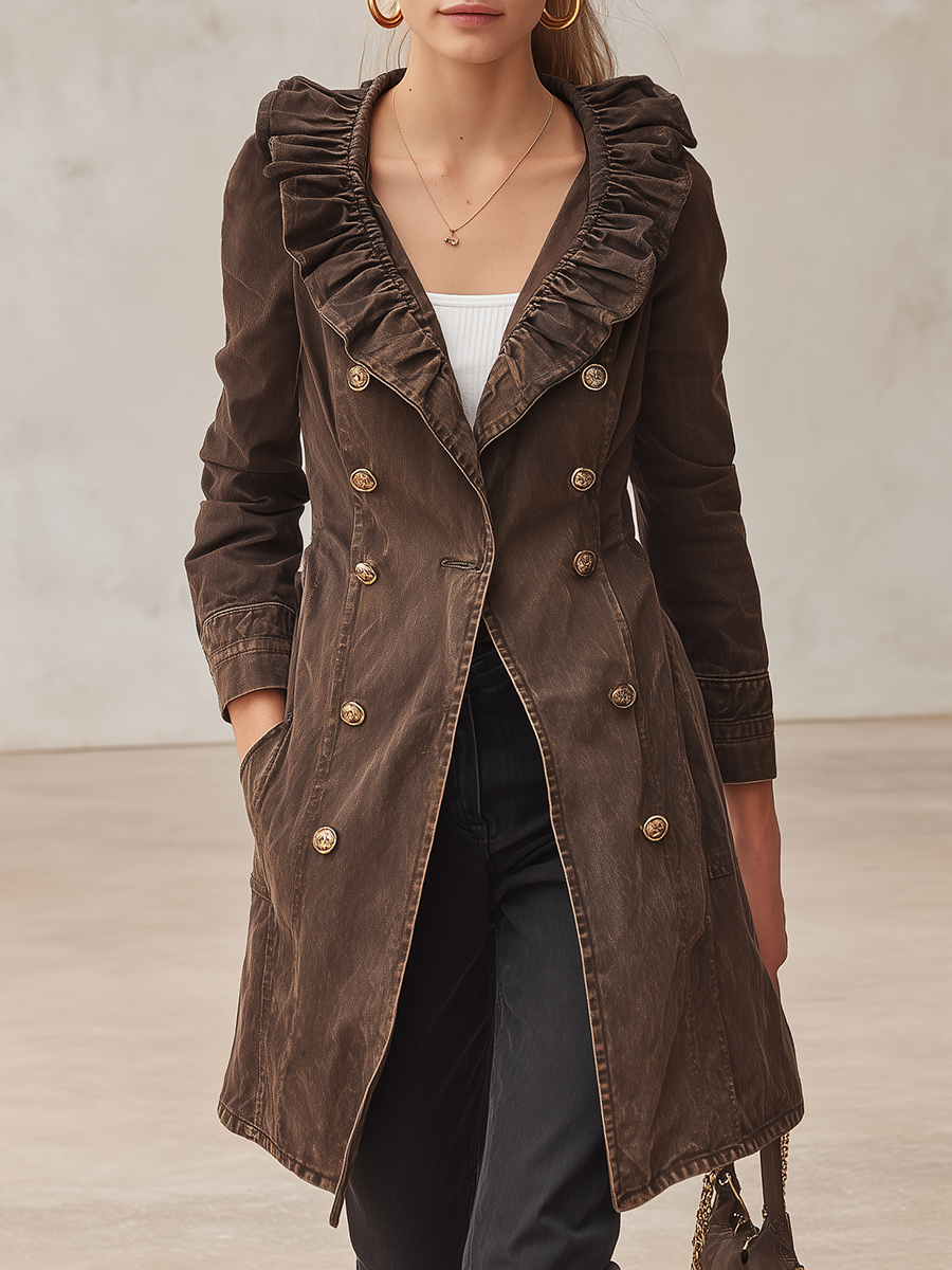 Brown Washed Denim Trench Coat Women Ruffle Collar Double-Breasted Belted Coat