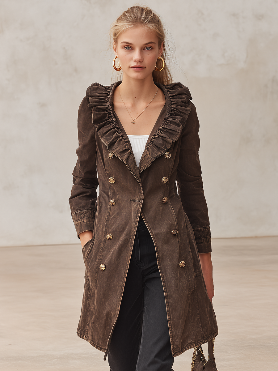 Brown Washed Denim Trench Coat Women Ruffle Collar Double-Breasted Belted Coat