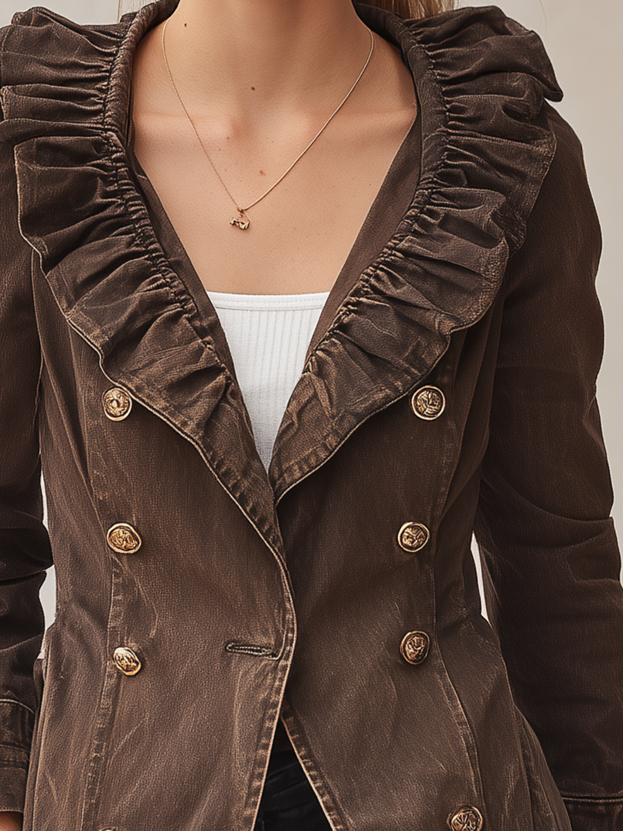 Brown Washed Denim Trench Coat Women Ruffle Collar Double-Breasted Belted Coat