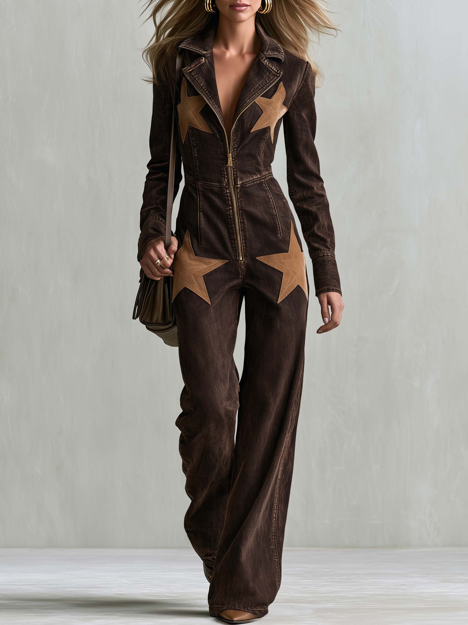 Casual Fashion Lapel Front Zipper Star-shaped Suede Patch Dark Brown Denim Jumpsuit