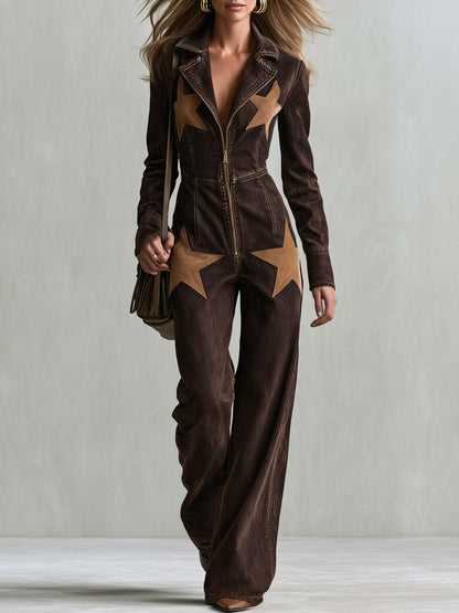 Casual Fashion Lapel Front Zipper Star-shaped Suede Patch Dark Brown Denim Jumpsuit