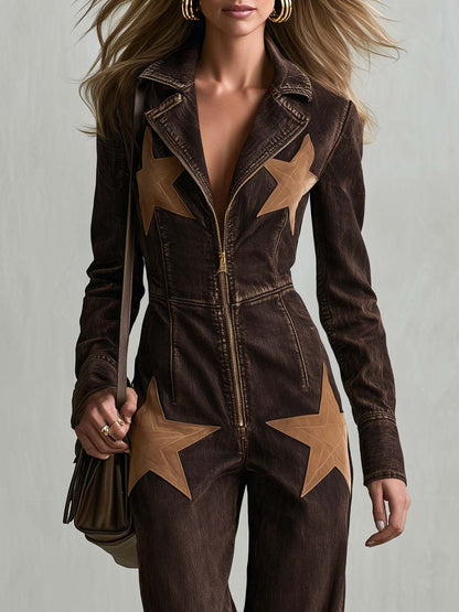 Casual Fashion Lapel Front Zipper Star-shaped Suede Patch Dark Brown Denim Jumpsuit
