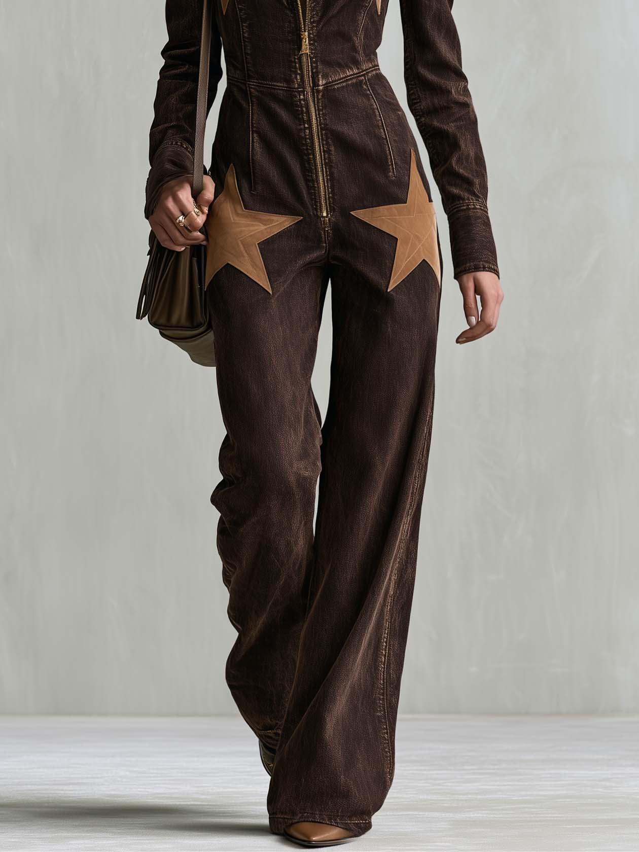 Casual Fashion Lapel Front Zipper Star-shaped Suede Patch Dark Brown Denim Jumpsuit
