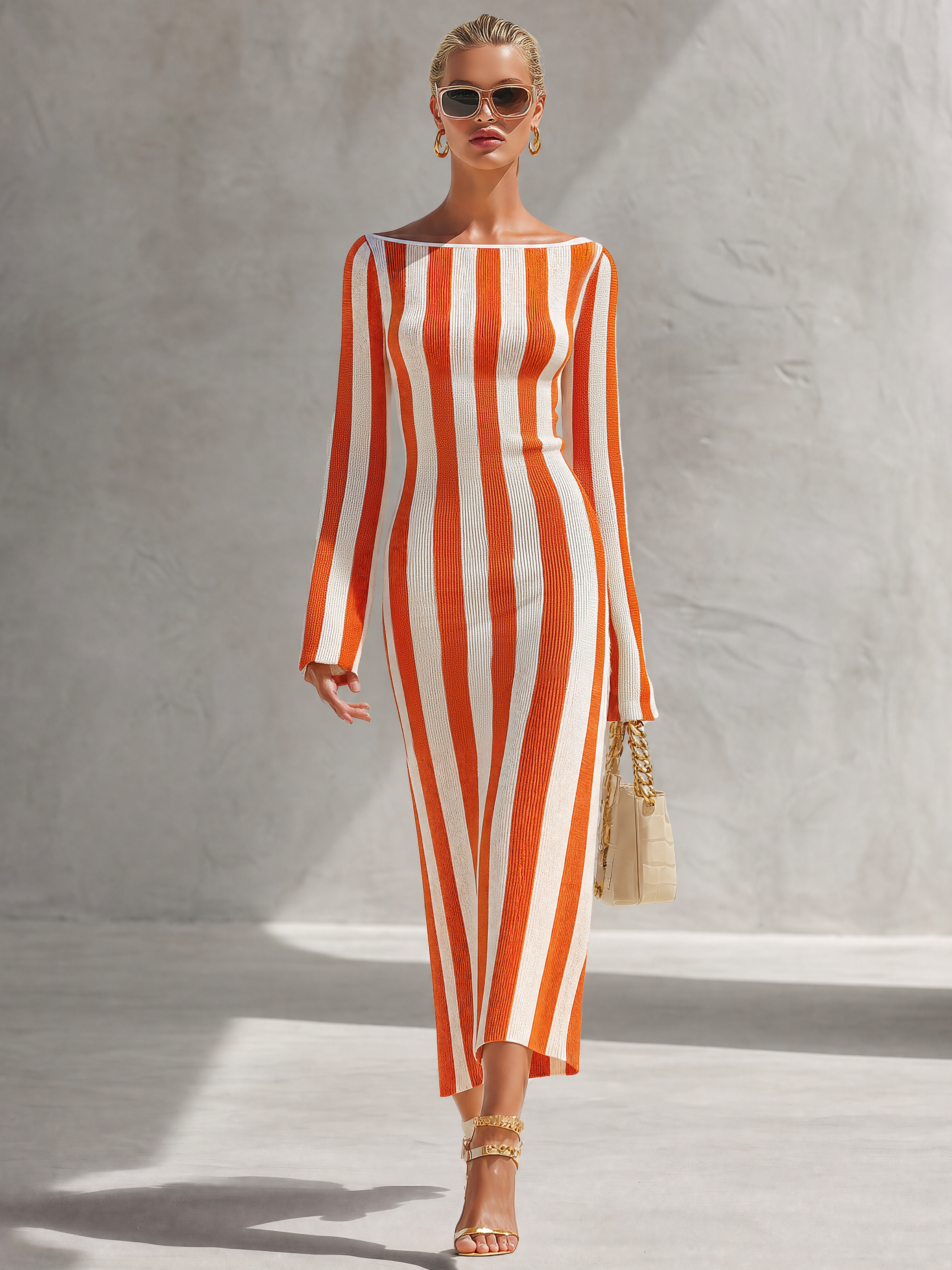 Retro-casual Elegant White And Orange Vertical-striped Knit Dress