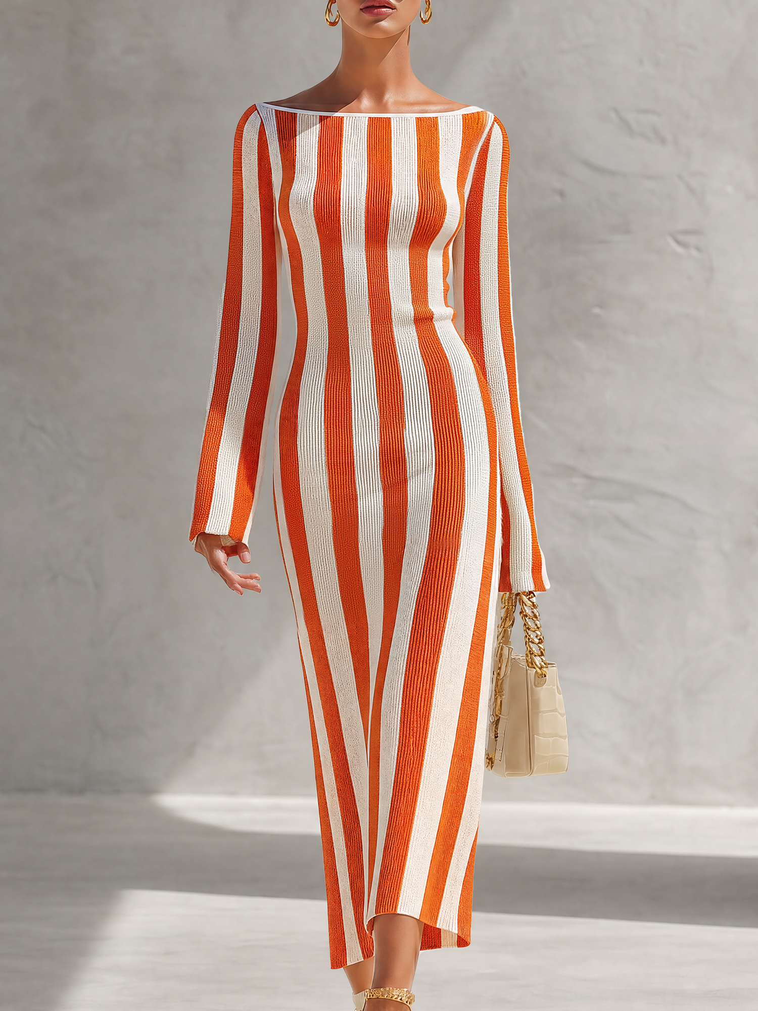 Retro-casual Elegant White And Orange Vertical-striped Knit Dress