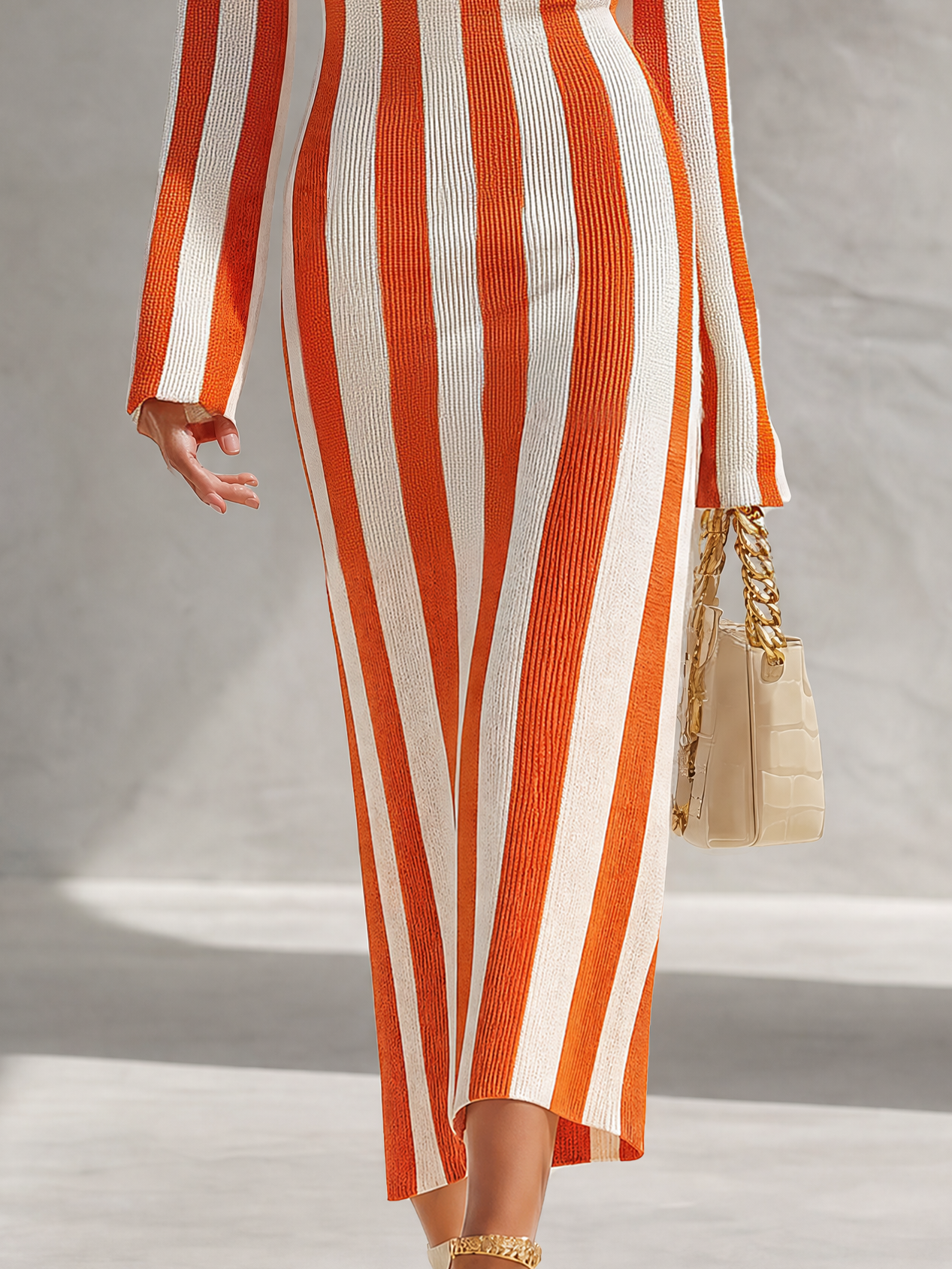 Retro-casual Elegant White And Orange Vertical-striped Knit Dress