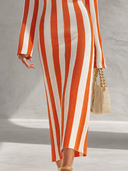 Retro-casual Elegant White And Orange Vertical-striped Knit Dress
