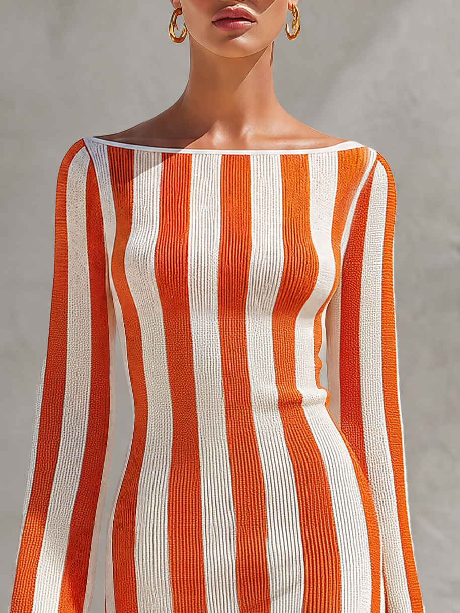 Retro-casual Elegant White And Orange Vertical-striped Knit Dress
