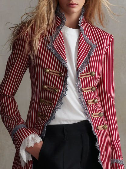 Retro-elegant Color-blocked Lace-trimmed Red Striped Cotton Jacket