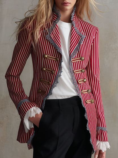 Retro-elegant Color-blocked Lace-trimmed Red Striped Cotton Jacket