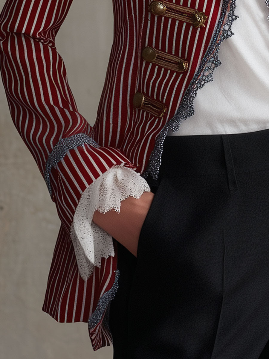Retro-elegant Color-blocked Lace-trimmed Red Striped Cotton Jacket