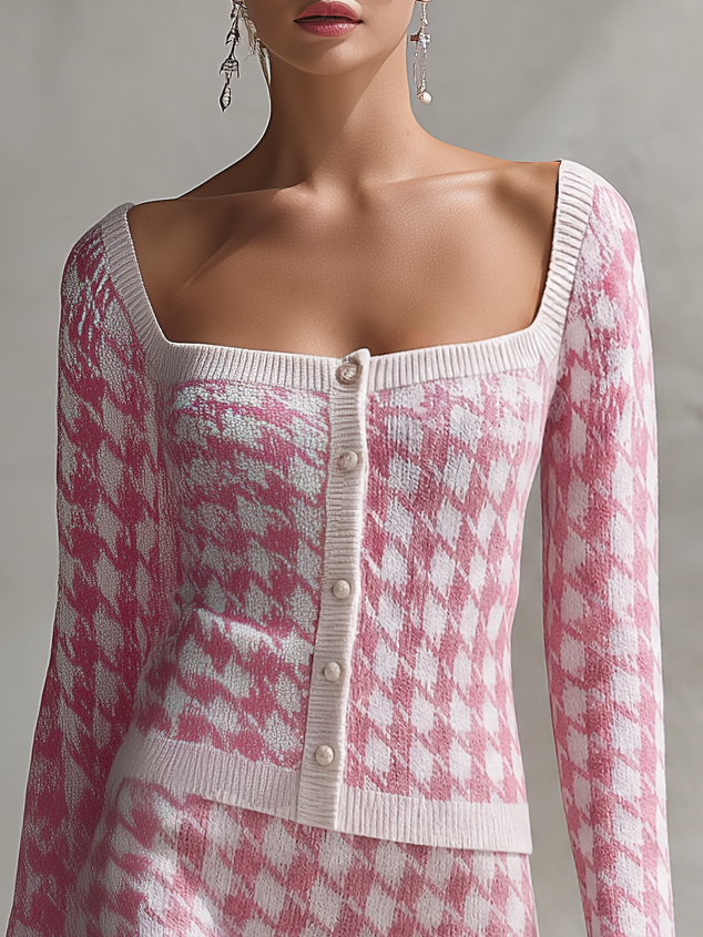 Retro-chic Pink And White Houndstooth Knit Skirt Set