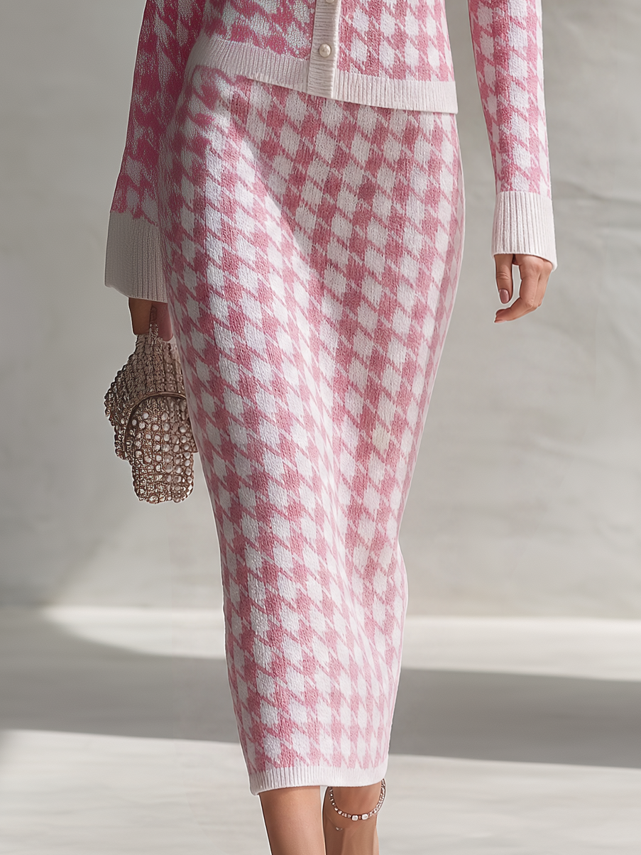 Retro-chic Pink And White Houndstooth Knit Skirt Set