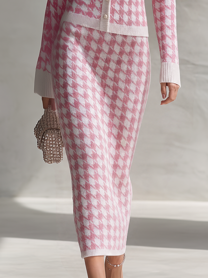 Retro-chic Pink And White Houndstooth Knit Skirt Set