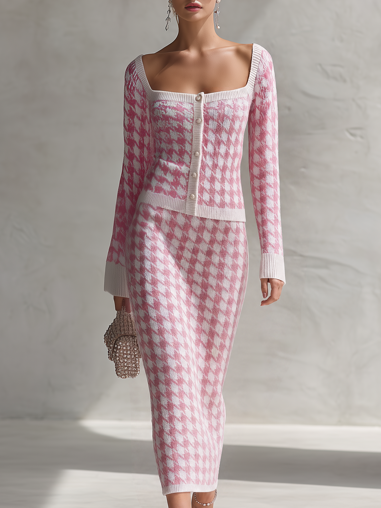 Retro-chic Pink And White Houndstooth Knit Skirt Set