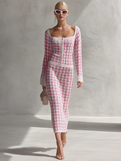 Retro-chic Pink And White Houndstooth Knit Skirt Set