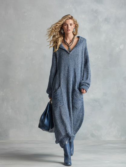 Urban-silhouette Mixed-blue Knitted Hooded Maxi Dress