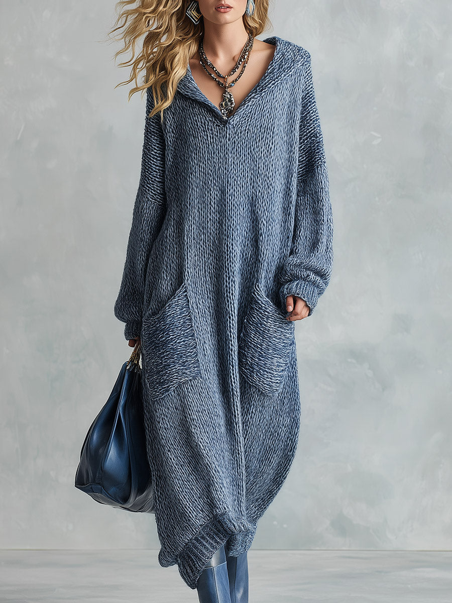 Urban-silhouette Mixed-blue Knitted Hooded Maxi Dress