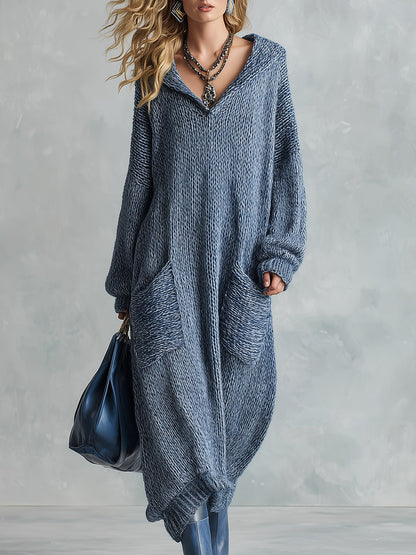 Urban-silhouette Mixed-blue Knitted Hooded Maxi Dress