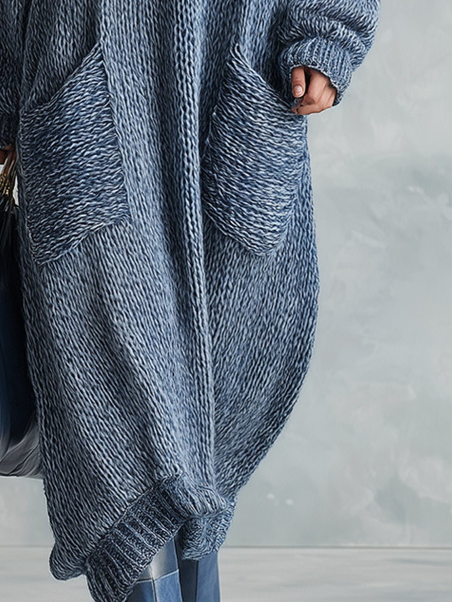Urban-silhouette Mixed-blue Knitted Hooded Maxi Dress