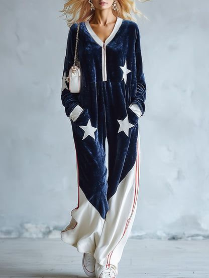 Chic Urban Star-Patch Blue and White Velvet Jumpsuit