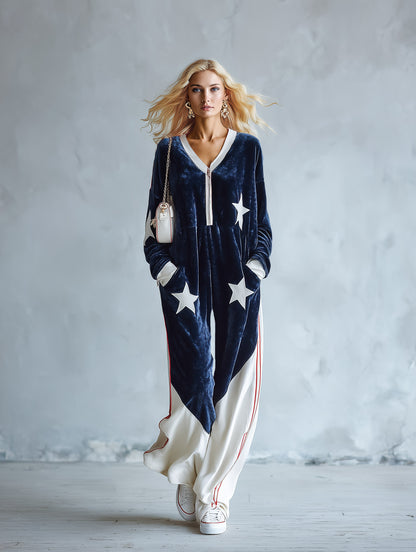 Chic Urban Star-Patch Blue and White Velvet Jumpsuit