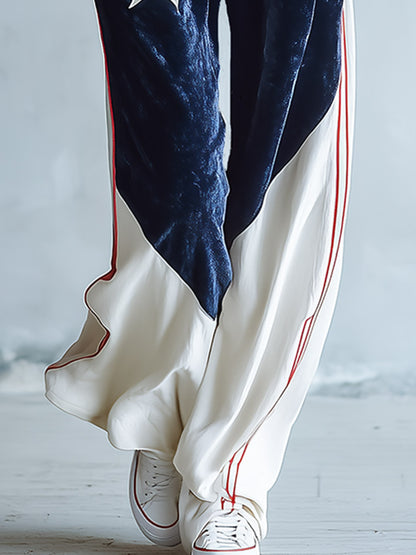 Chic Urban Star-Patch Blue and White Velvet Jumpsuit