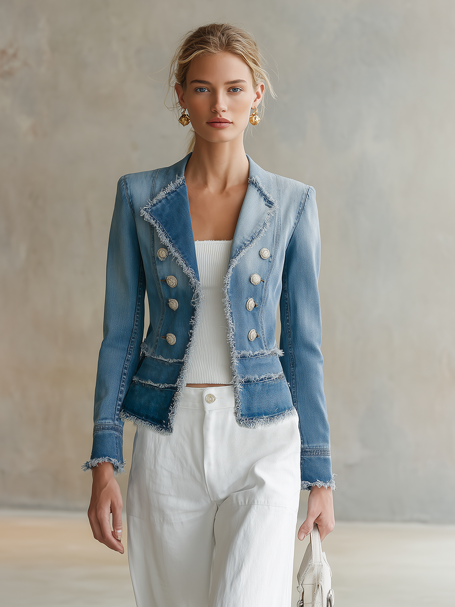 Light Blue Frayed Denim Blazer Women Double-Breasted Cropped Fitted Western Jacket